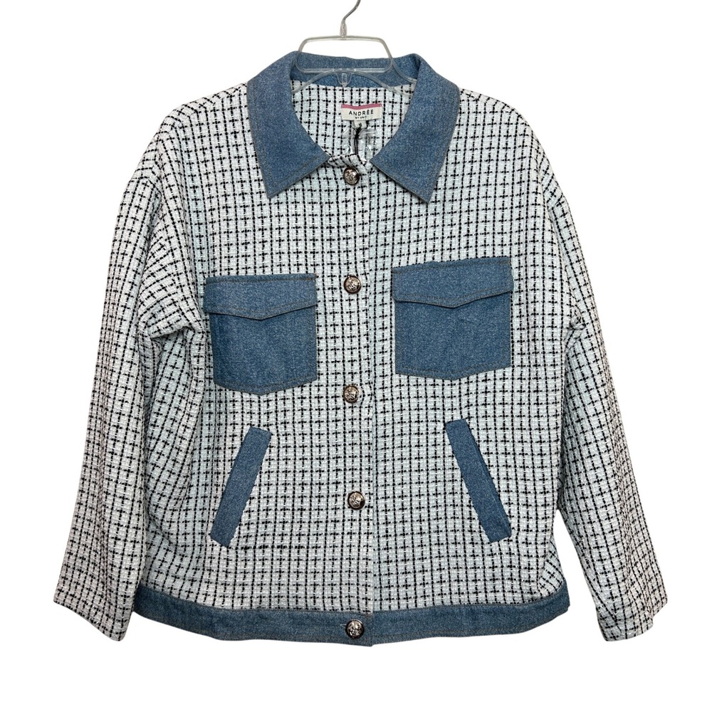 Andree Shacket Womens Medium Tweed Denim Contrast NWT Preppy Coastal Casual Chic